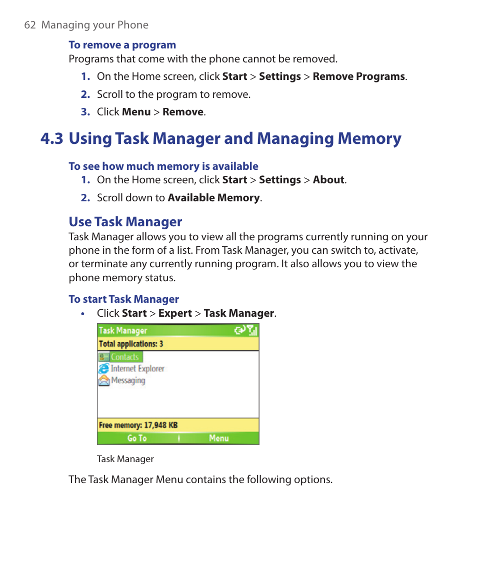 Use task manager | HTC S621 User Manual | Page 62 / 172