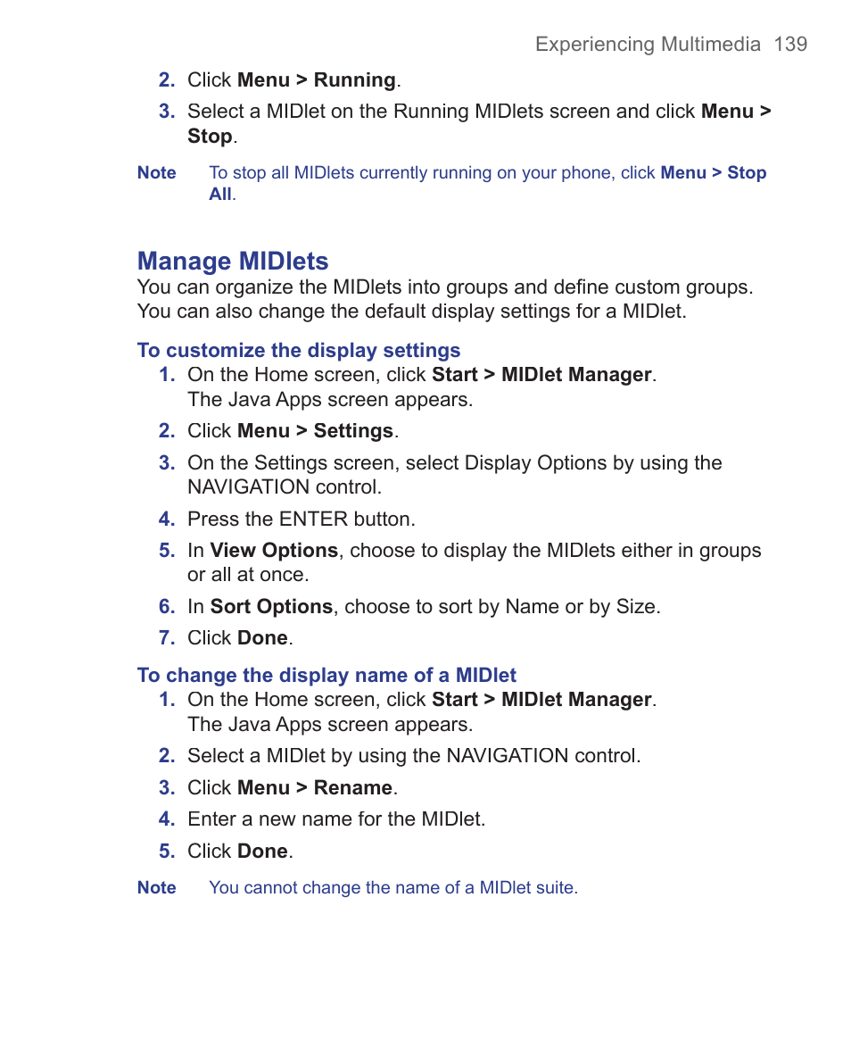 Manage midlets | HTC 3125 User Manual | Page 139 / 169