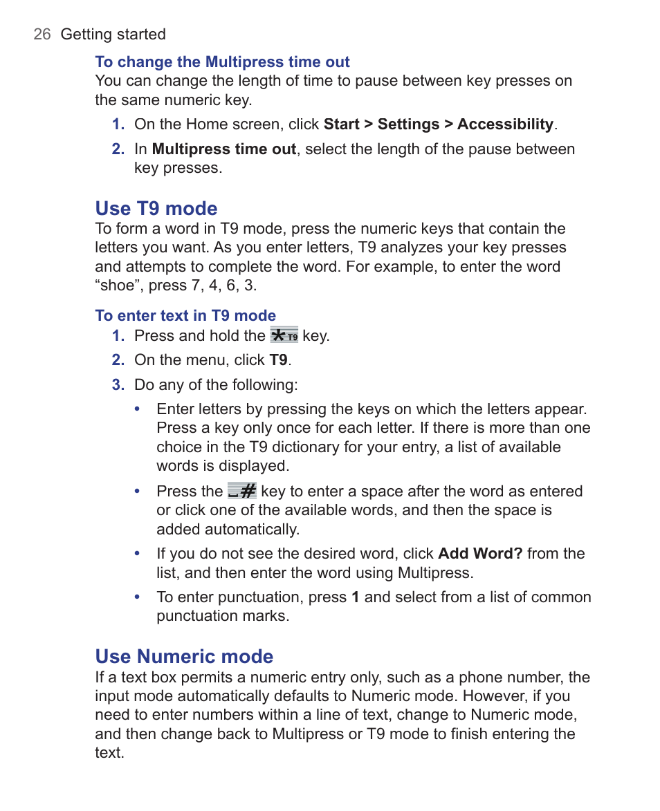 Use t9 mode, Use numeric mode | HTC 3125 User Manual | Page 26 / 169