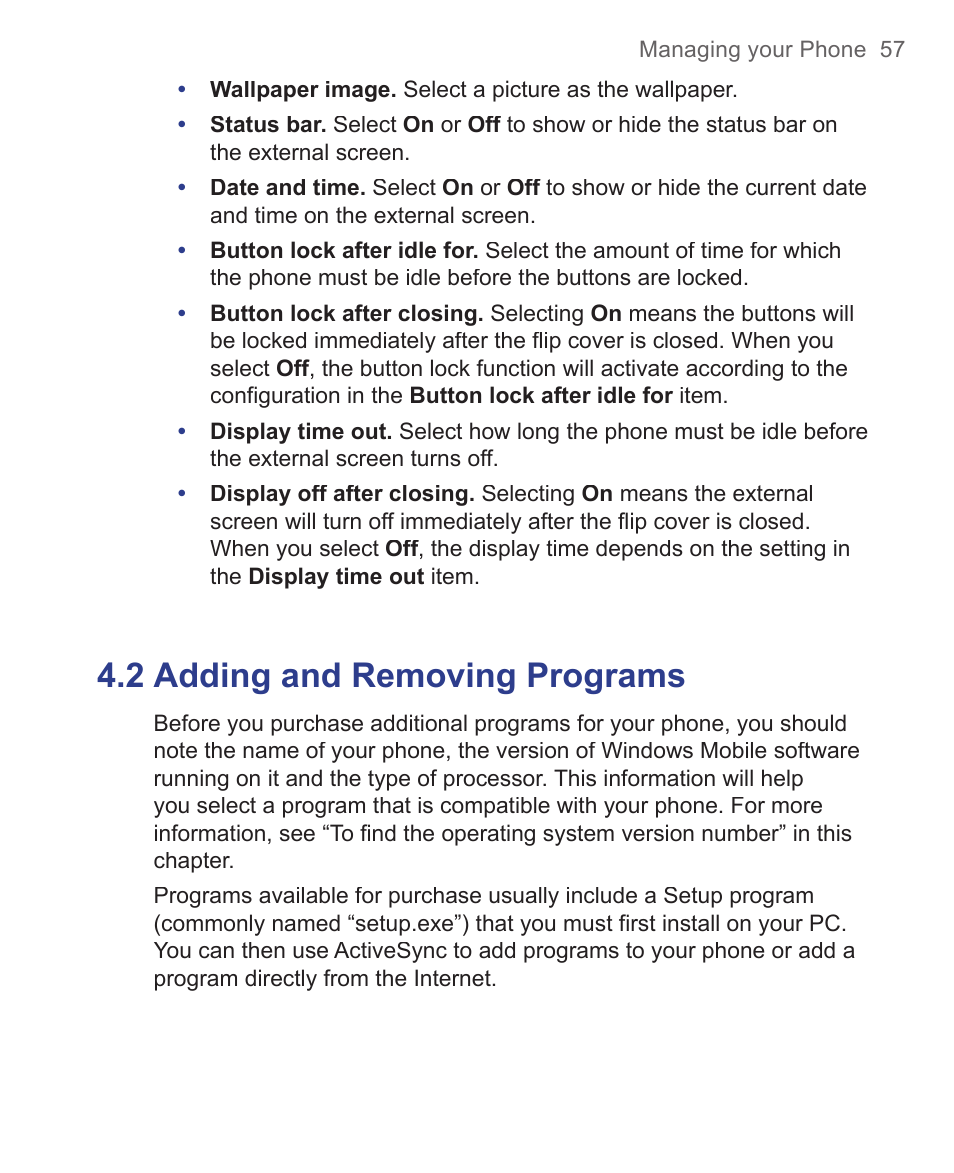 2 adding and removing programs | HTC 3125 User Manual | Page 57 / 169
