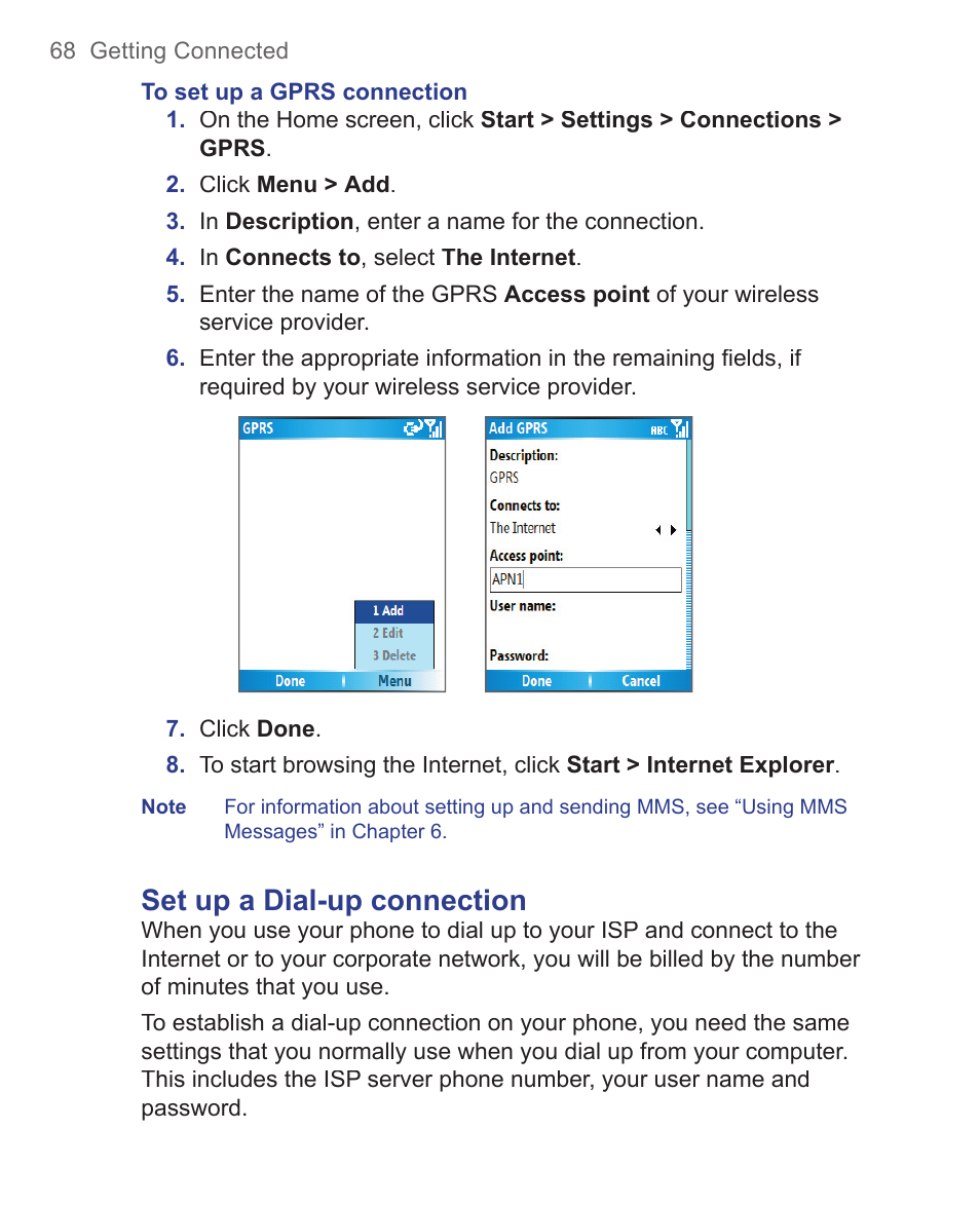 Set up a dial-up connection | HTC 3125 User Manual | Page 68 / 169