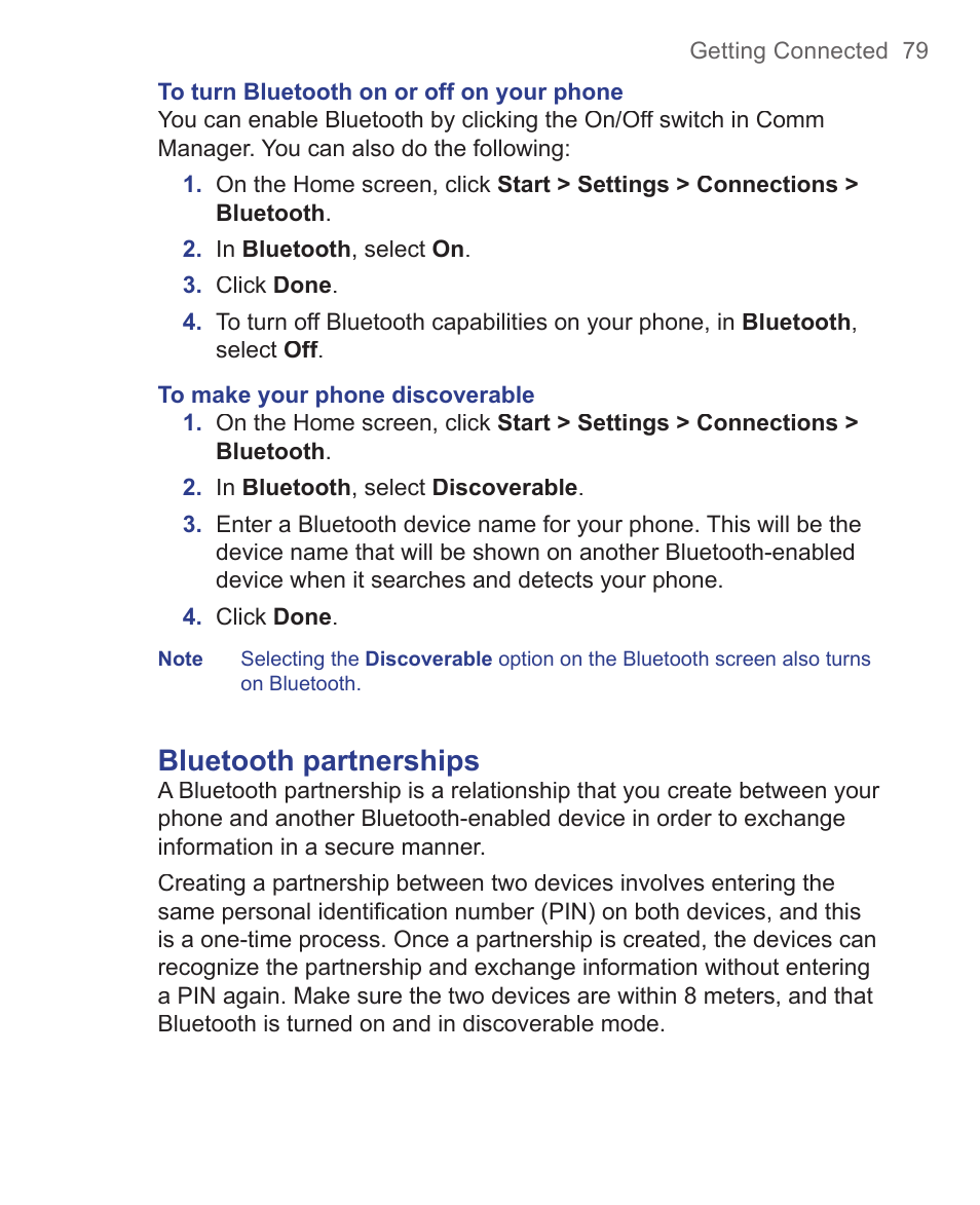 Bluetooth partnerships | HTC 3125 User Manual | Page 79 / 169