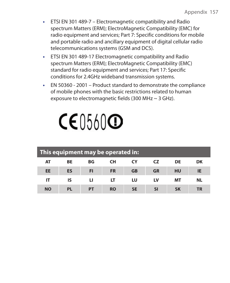This equipment may be operated in | HTC EMC220 User Manual | Page 157 / 172
