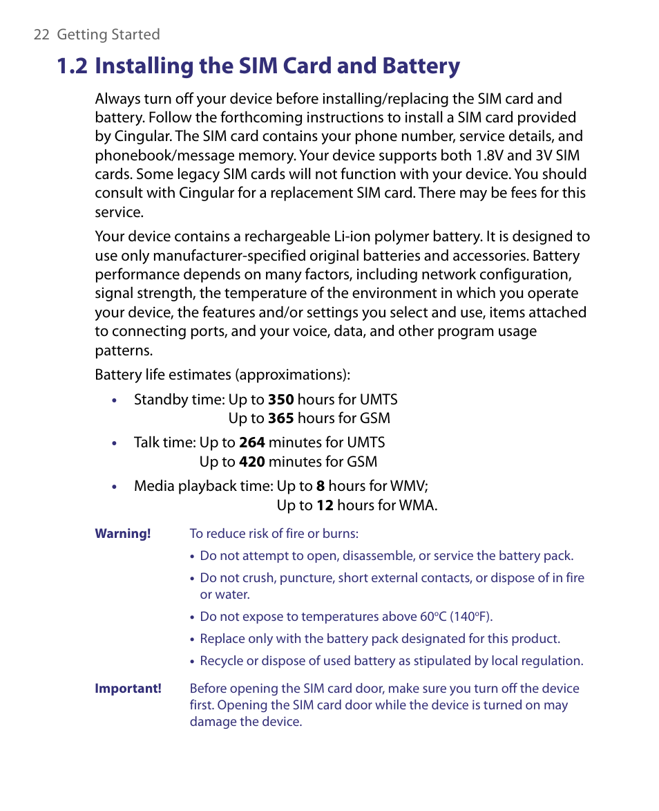 2 installing the sim card and battery | HTC Tilt 8900 User Manual | Page 22 / 240
