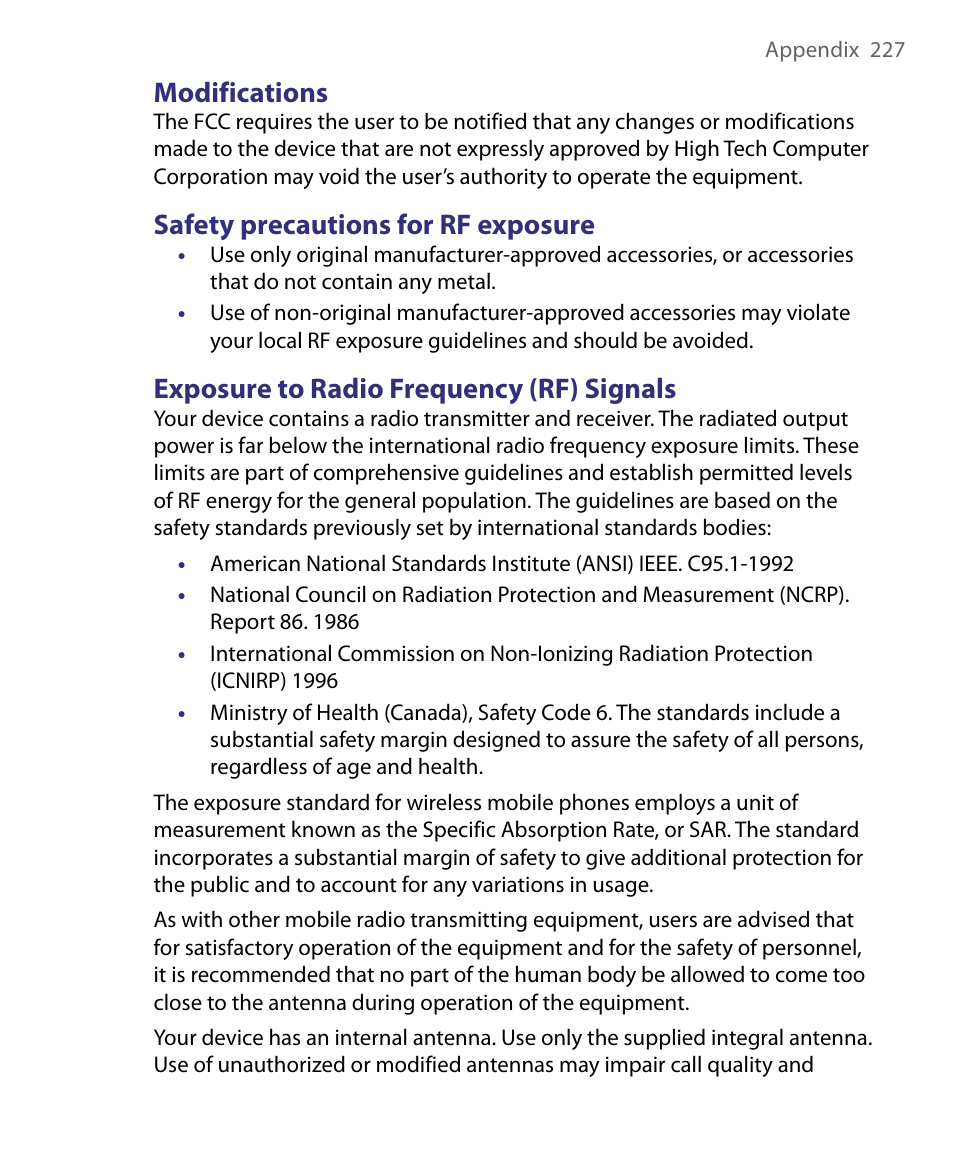 Modifications, Safety precautions for rf exposure, Exposure to radio frequency (rf) signals | HTC Tilt 8900 User Manual | Page 227 / 240