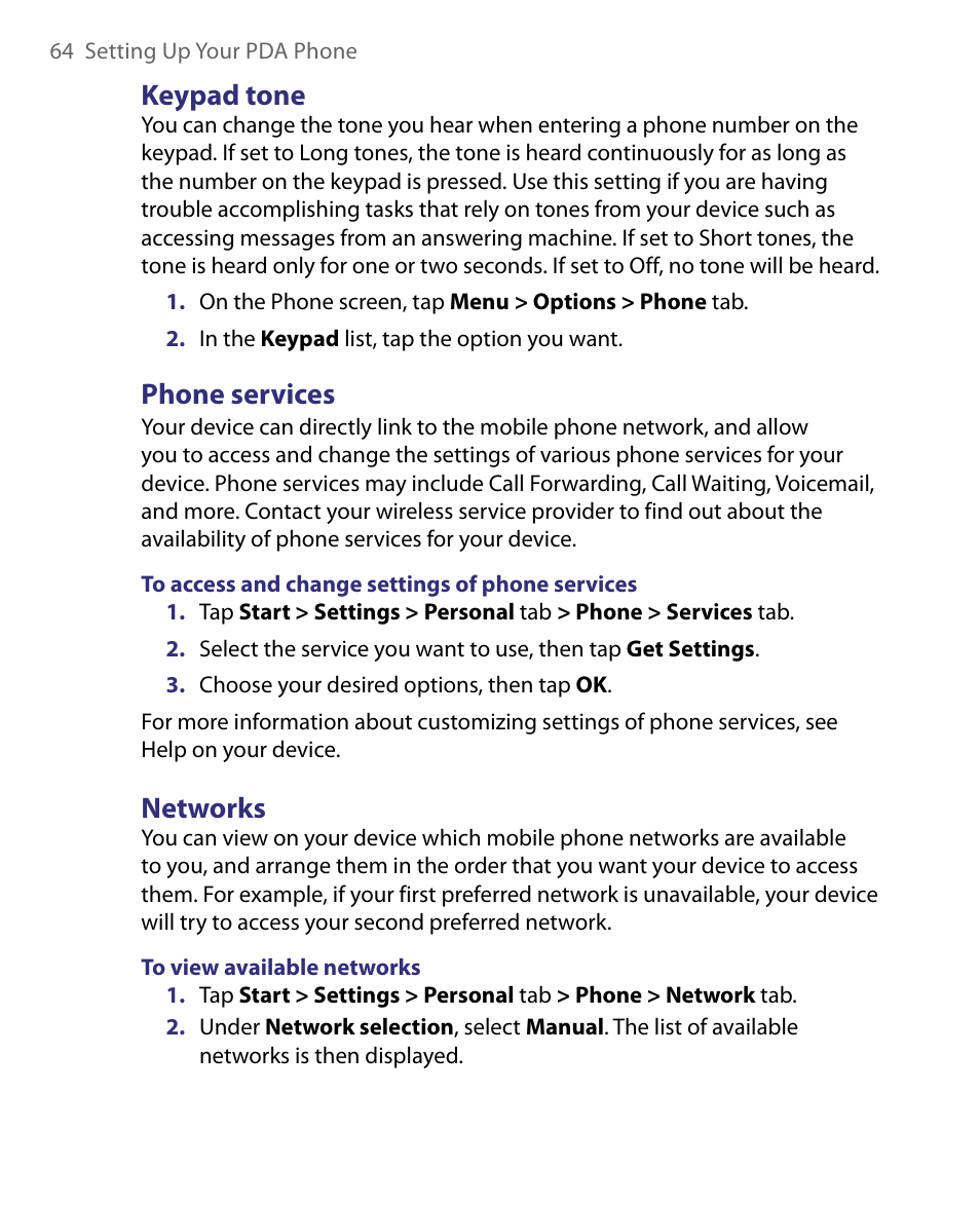 Keypad tone, Phone services, Networks | HTC Tilt 8900 User Manual | Page 64 / 240