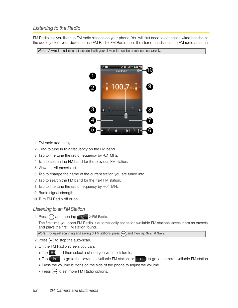 Listening to the radio, Listening to an fm station | HTC EVO 4G User Manual | Page 102 / 197