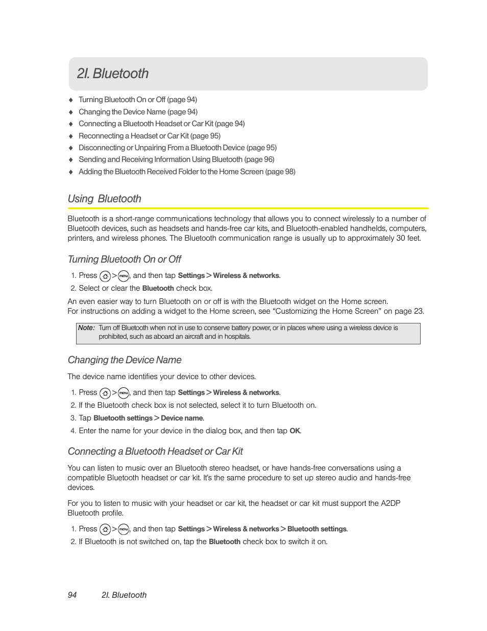 2i. bluetooth, Using bluetooth, Turning bluetooth on or off | Changing the device name, Connecting a bluetooth headset or car kit, Bluetooth | HTC EVO 4G User Manual | Page 104 / 197