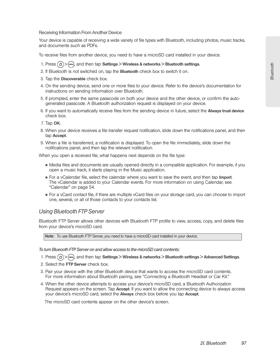 Using bluetooth ftp server | HTC EVO 4G User Manual | Page 107 / 197