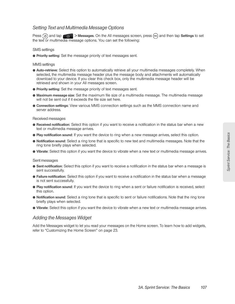 Setting text and multimedia message options, Adding the messages widget, Setting text and multimedia | Message options” lat | HTC EVO 4G User Manual | Page 117 / 197