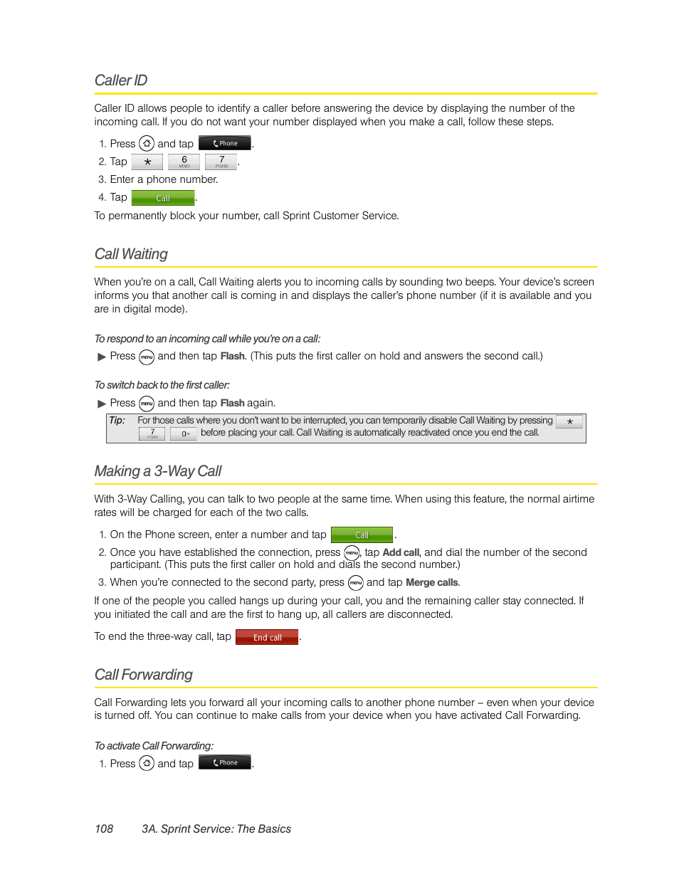 Caller id, Call waiting, Making a 3-way call | Call forwarding | HTC EVO 4G User Manual | Page 118 / 197
