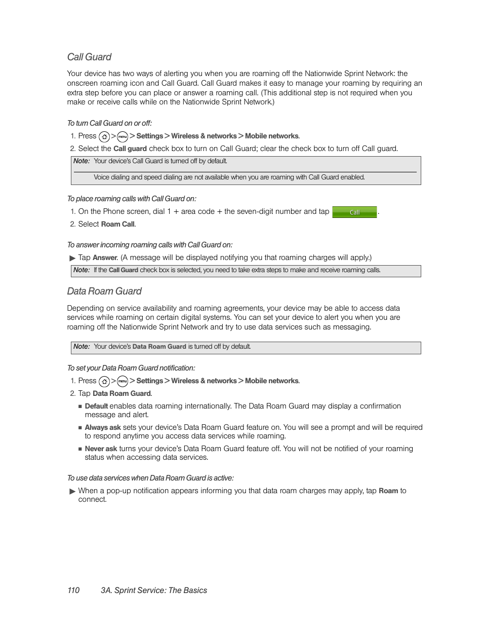 Call guard, Data roam guard | HTC EVO 4G User Manual | Page 120 / 197