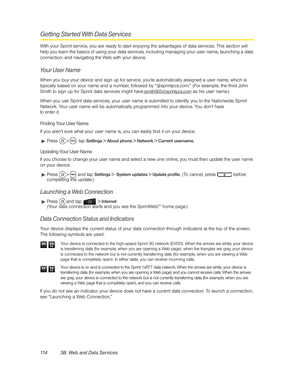 Getting started with data services, Your user name, Launching a web connection | Data connection status and indicators, Getting started with data services” for | HTC EVO 4G User Manual | Page 124 / 197