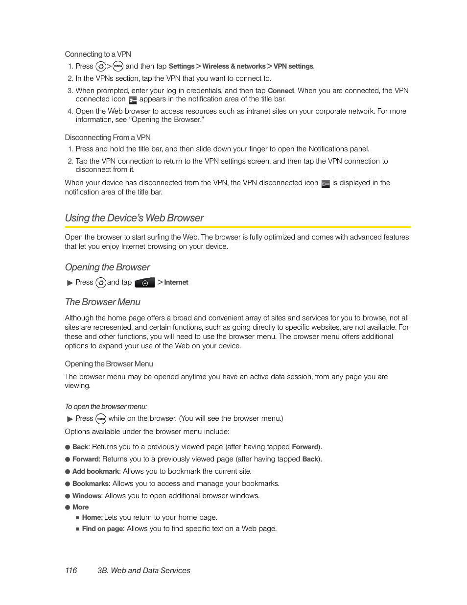Using the device’s web browser, Opening the browser, The browser menu | HTC EVO 4G User Manual | Page 126 / 197