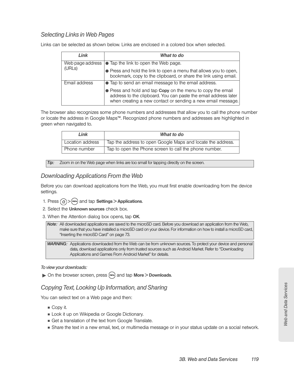 Downloading applications from the web, Copying text, looking up information, and sharing, Selecting links in web pages | HTC EVO 4G User Manual | Page 129 / 197