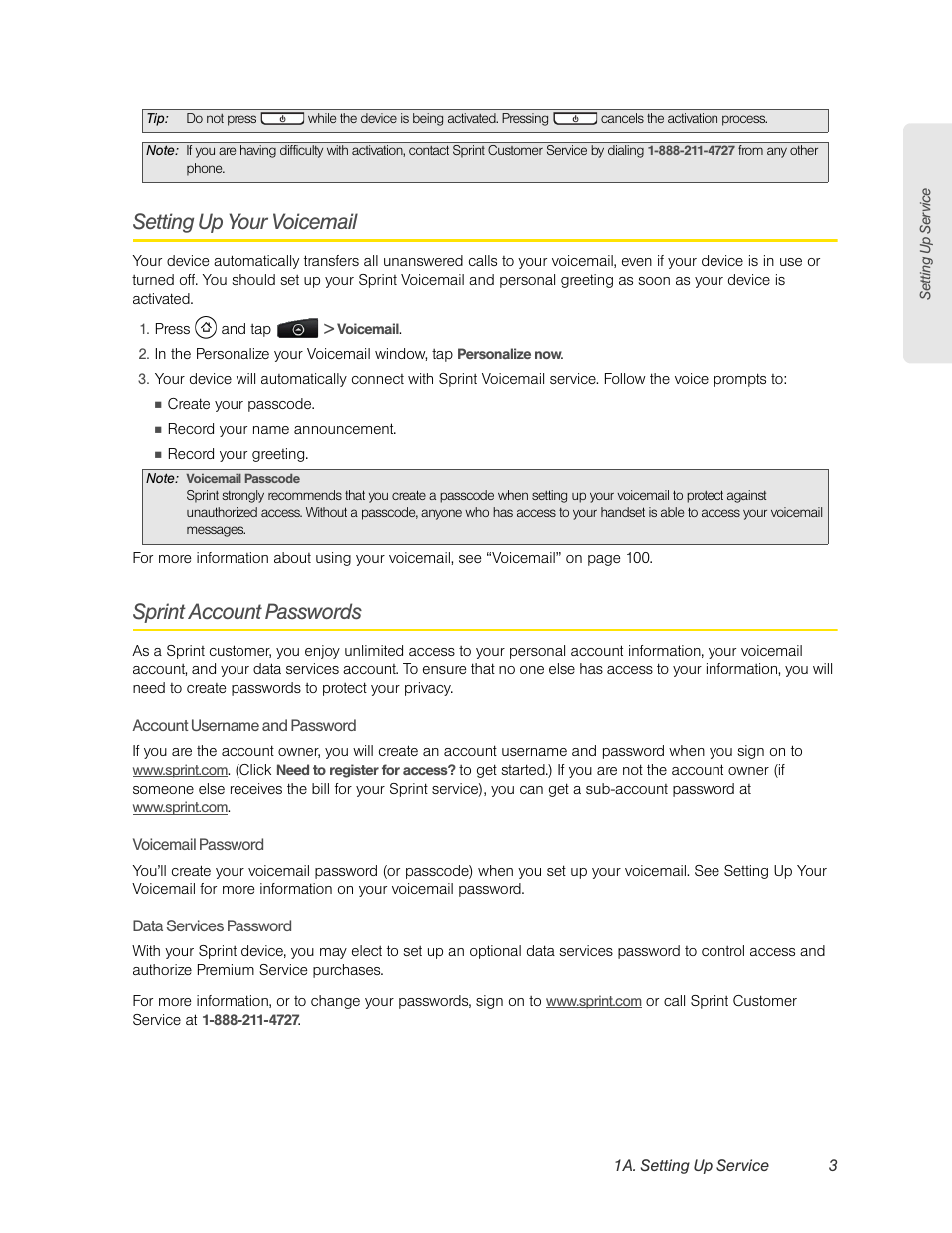 Setting up your voicemail, Sprint account passwords | HTC EVO 4G User Manual | Page 13 / 197