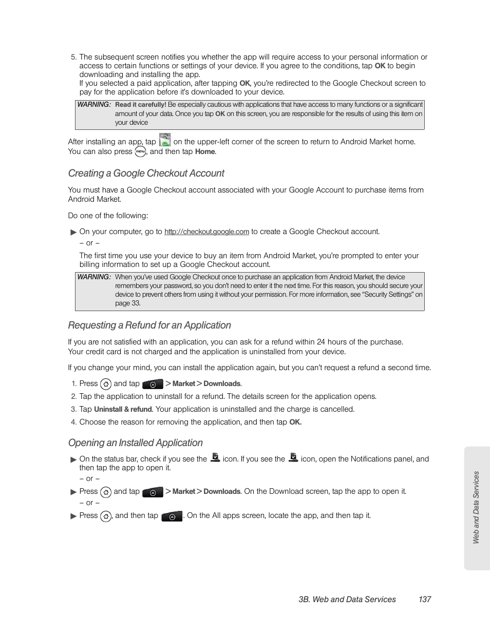 Creating a google checkout account, Requesting a refund for an application, Opening an installed application | HTC EVO 4G User Manual | Page 147 / 197