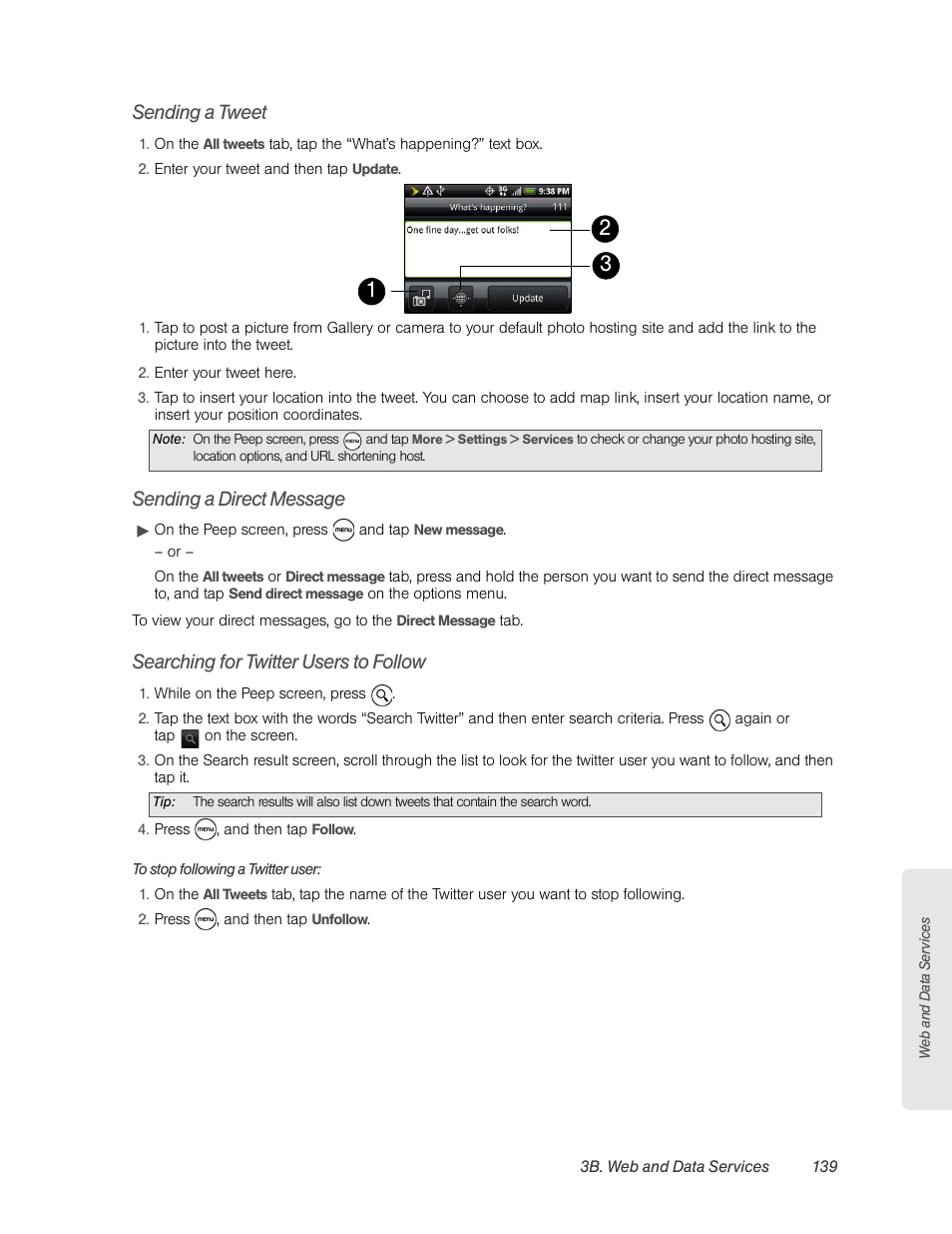 Sending a tweet, Sending a direct message, Searching for twitter users to follow | HTC EVO 4G User Manual | Page 149 / 197