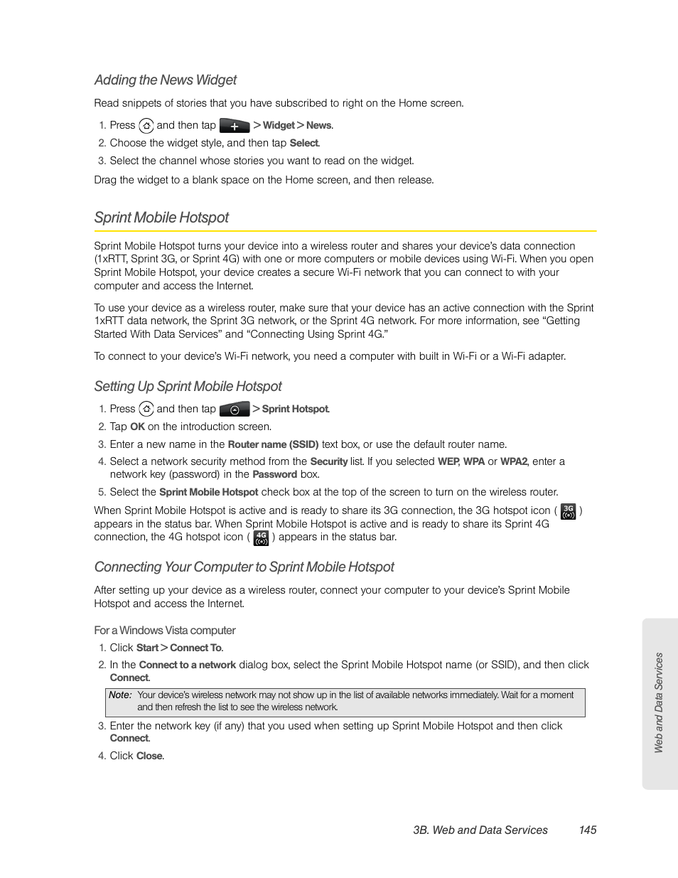 Adding the news widget, Sprint mobile hotspot, Setting up sprint mobile hotspot | Connecting your computer to sprint mobile hotspot | HTC EVO 4G User Manual | Page 155 / 197