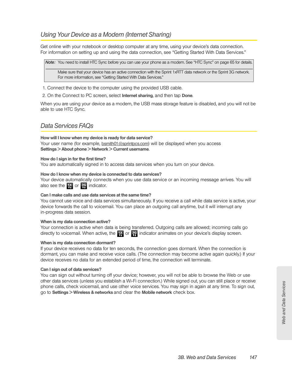 Using your device as a modem (internet sharing), Data services faqs | HTC EVO 4G User Manual | Page 157 / 197