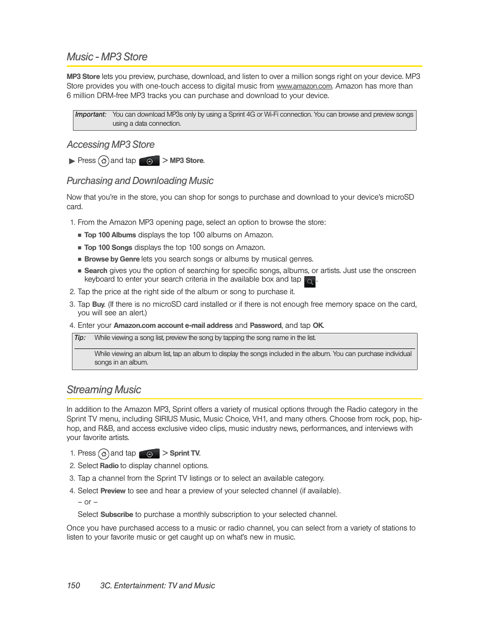 Music - mp3 store, Accessing mp3 store, Purchasing and downloading music | Streaming music | HTC EVO 4G User Manual | Page 160 / 197