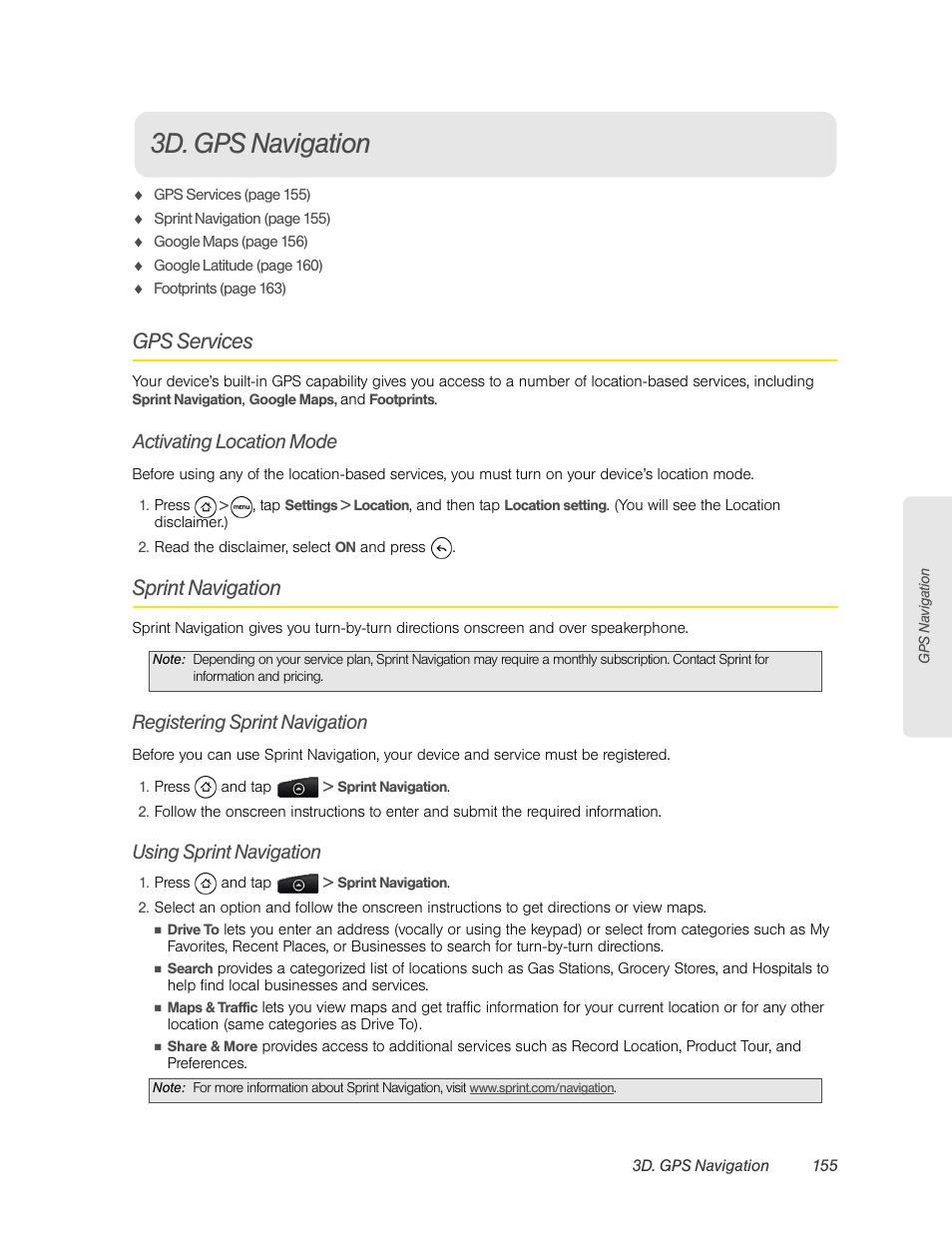 3d. gps navigation, Gps services, Activating location mode | Sprint navigation, Registering sprint navigation, Using sprint navigation | HTC EVO 4G User Manual | Page 165 / 197