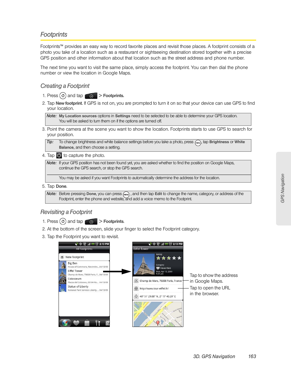 Footprints, Creating a footprint, Revisiting a footprint | HTC EVO 4G User Manual | Page 173 / 197