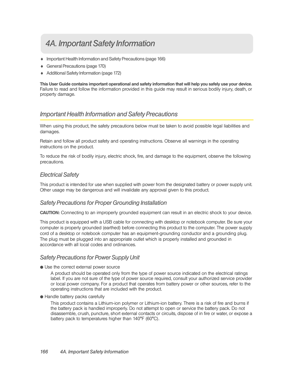 4a. important safety information, Electrical safety, Safety precautions for power supply unit | HTC EVO 4G User Manual | Page 176 / 197