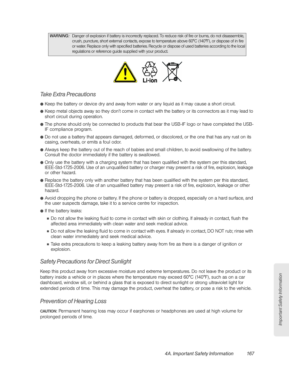 Take extra precautions, Safety precautions for direct sunlight, Prevention of hearing loss | HTC EVO 4G User Manual | Page 177 / 197