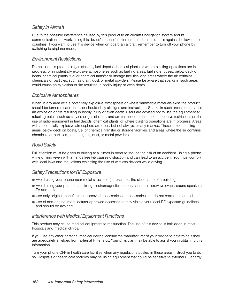 Safety in aircraft, Environment restrictions, Explosive atmospheres | Road safety, Safety precautions for rf exposure, Interference with medical equipment functions | HTC EVO 4G User Manual | Page 178 / 197
