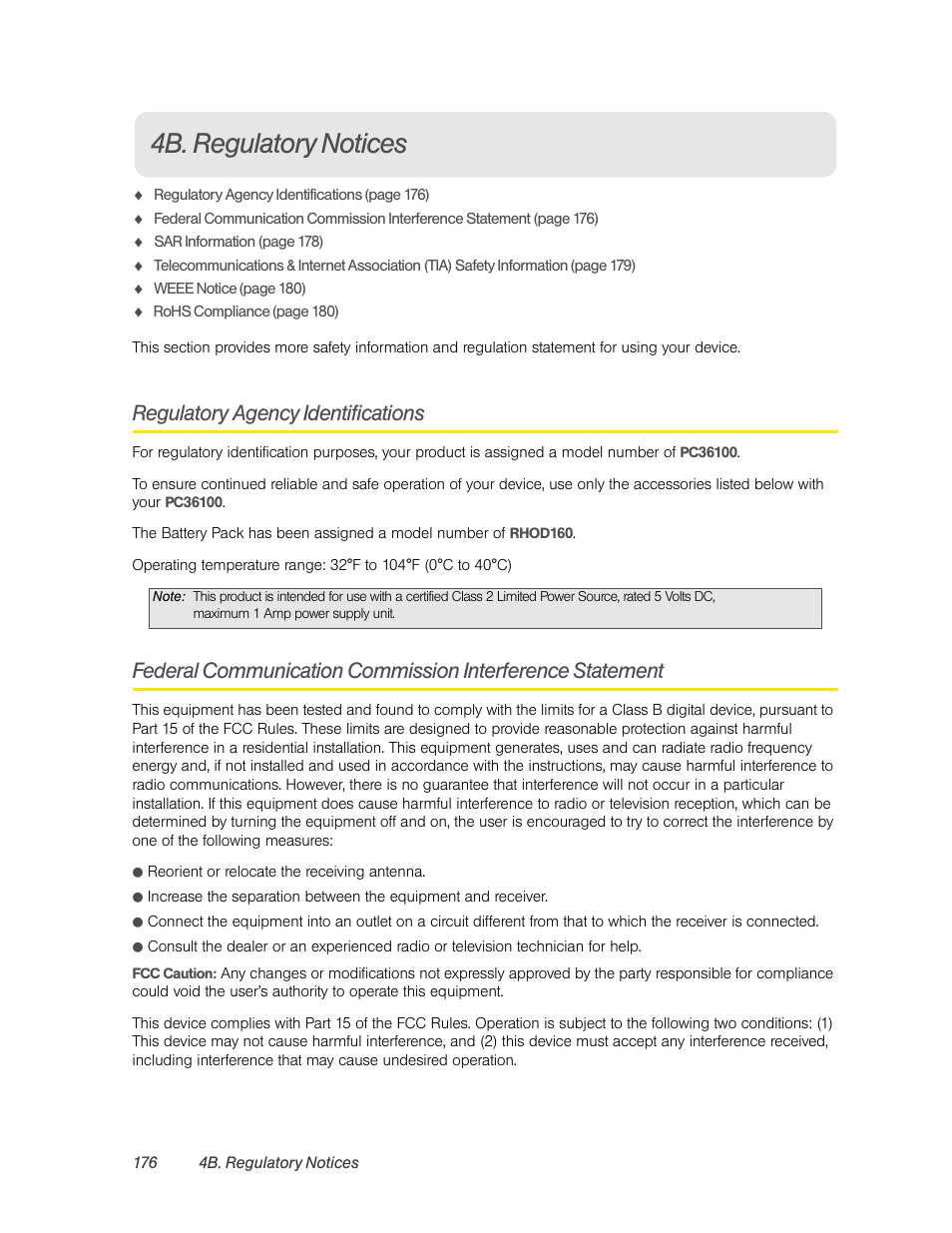 4b. regulatory notices, Regulatory agency identifications | HTC EVO 4G User Manual | Page 186 / 197