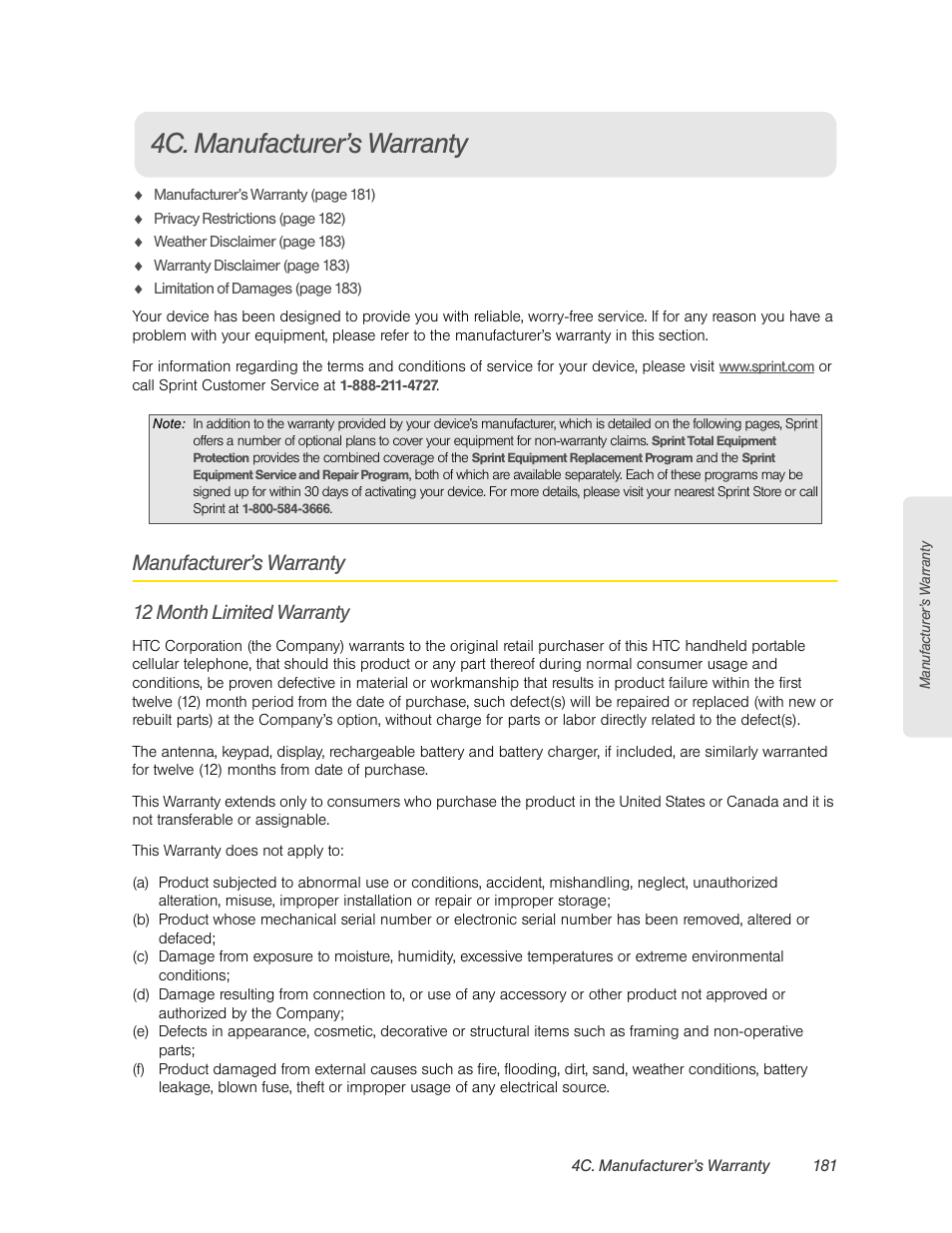 4c. manufacturer’s warranty, Manufacturer’s warranty, 12 month limited warranty | HTC EVO 4G User Manual | Page 191 / 197