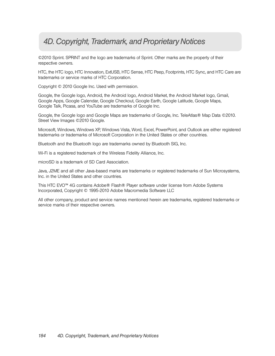 4d. copyright, trademark, and proprietary notices | HTC EVO 4G User Manual | Page 194 / 197
