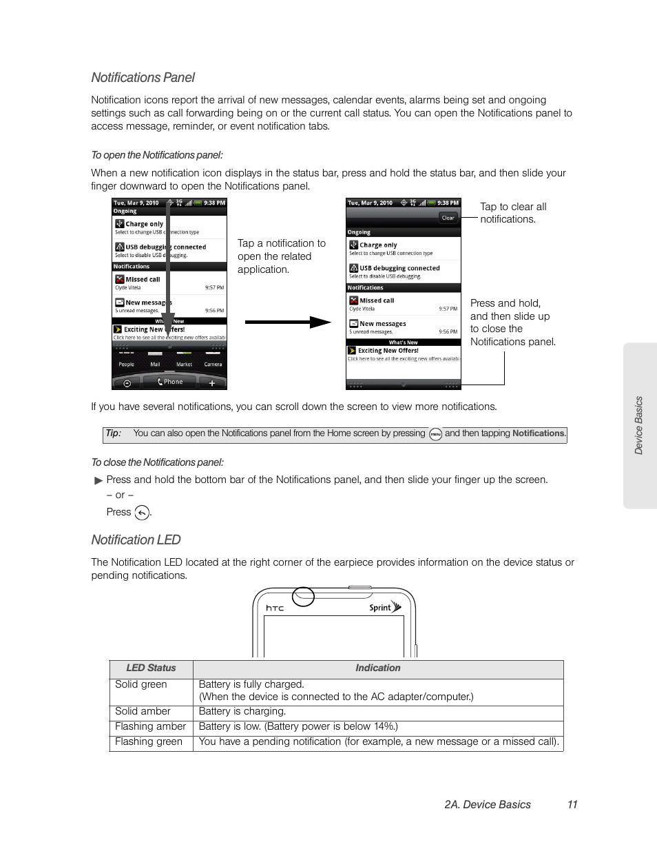 Notifications panel, Notification led | HTC EVO 4G User Manual | Page 21 / 197