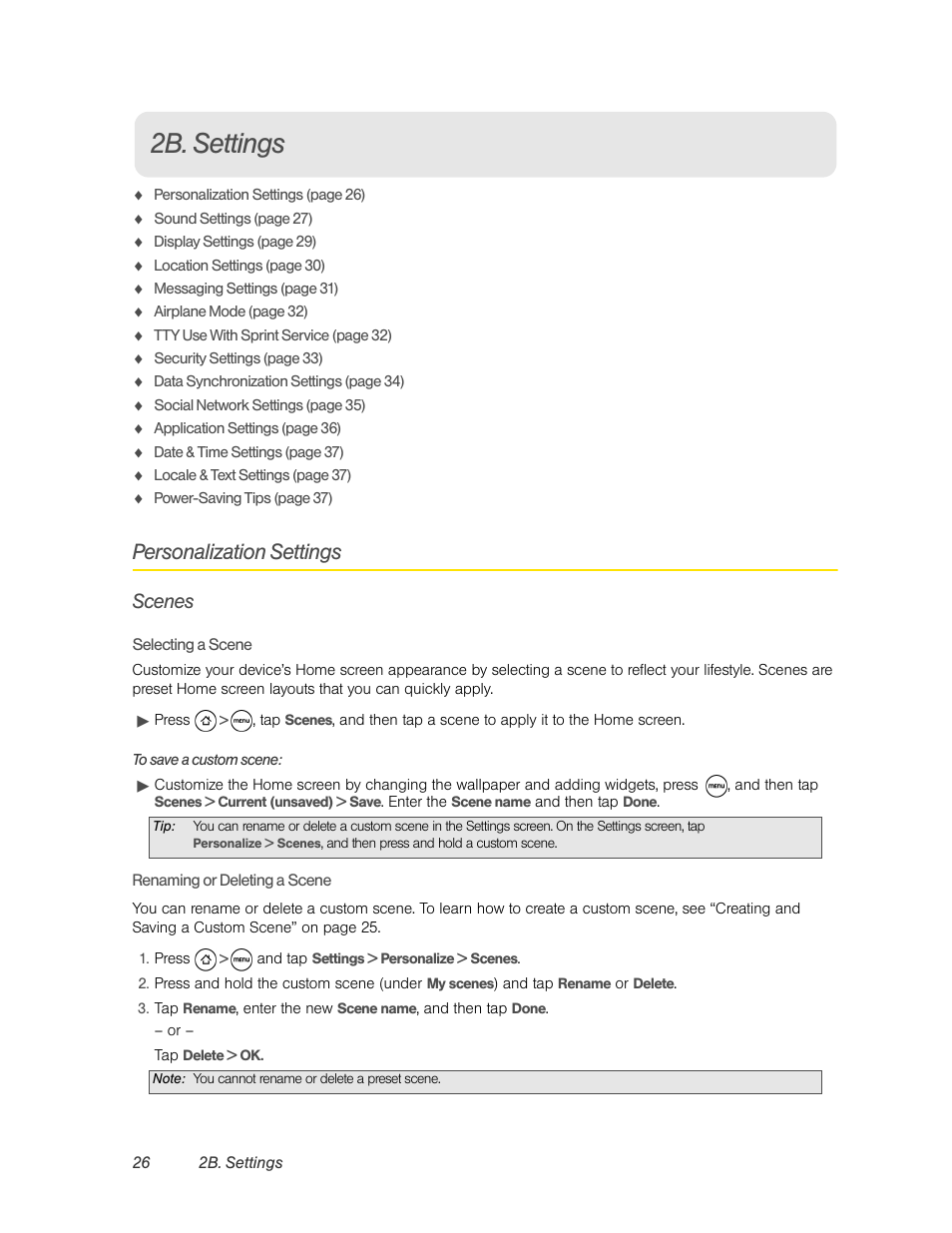 2b. settings, Personalization settings, Scenes | Renaming or deleting a scene | HTC EVO 4G User Manual | Page 36 / 197