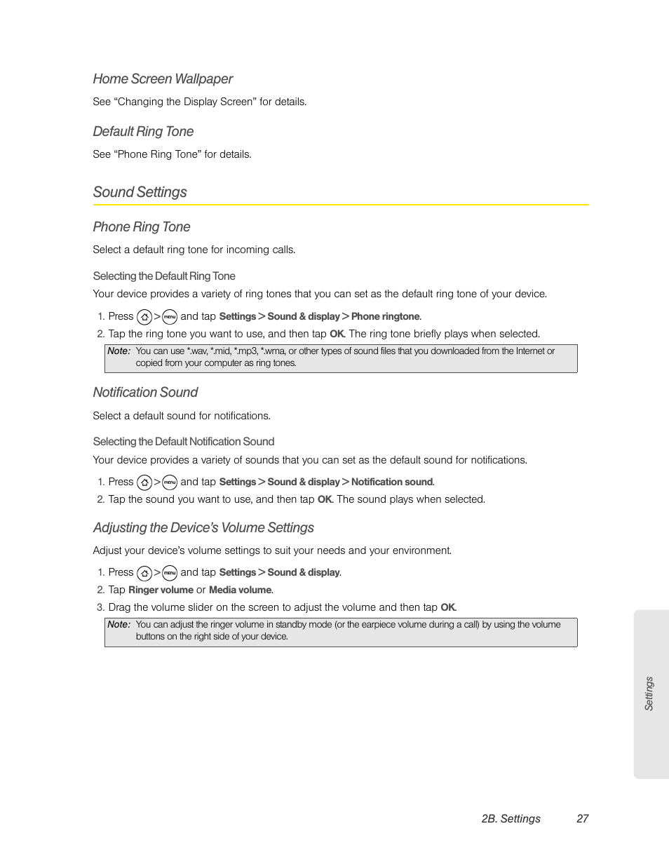Home screen wallpaper, Default ring tone, Sound settings | Phone ring tone, Notification sound, Adjusting the device’s volume settings | HTC EVO 4G User Manual | Page 37 / 197