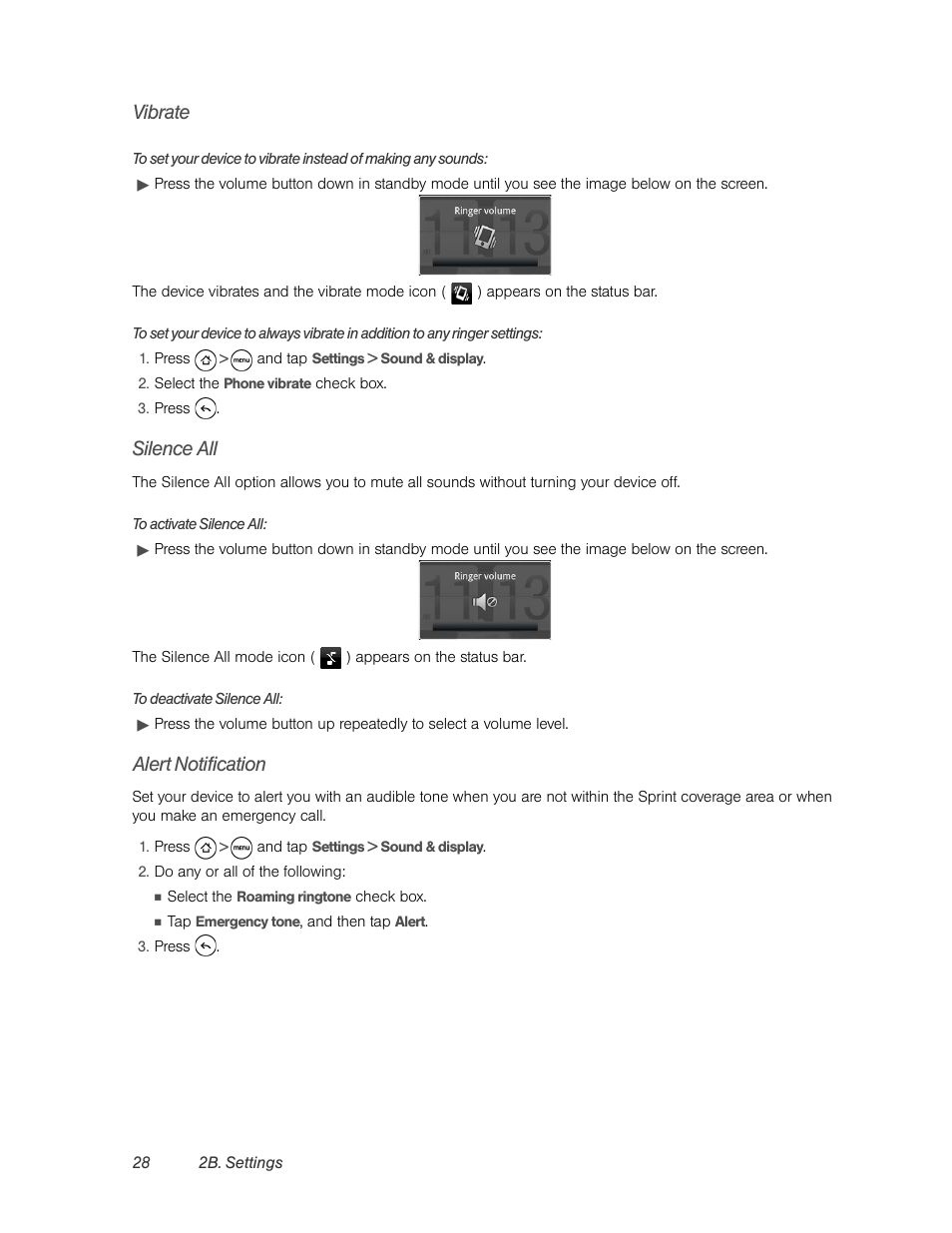 Vibrate, Silence all, Alert notification | HTC EVO 4G User Manual | Page 38 / 197