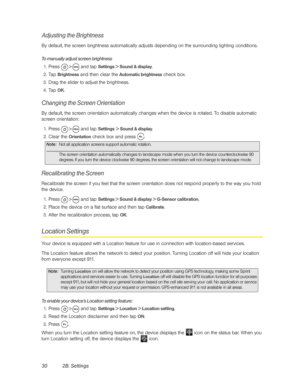 Adjusting the brightness, Changing the screen orientation, Recalibrating the screen | Location settings | HTC EVO 4G User Manual | Page 40 / 197