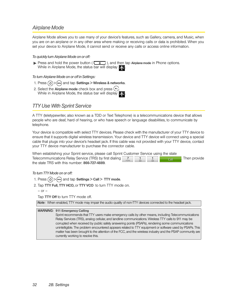Airplane mode, Tty use with sprint service | HTC EVO 4G User Manual | Page 42 / 197