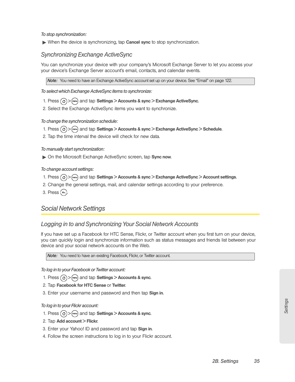Synchronizing exchange activesync, Social network settings | HTC EVO 4G User Manual | Page 45 / 197