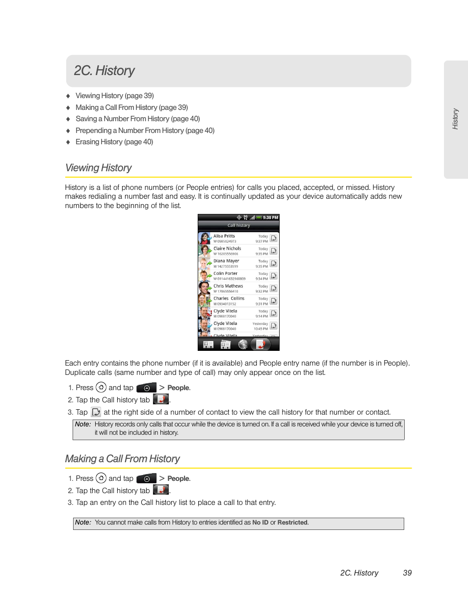 2c. history, Viewing history, Making a call from history | HTC EVO 4G User Manual | Page 49 / 197