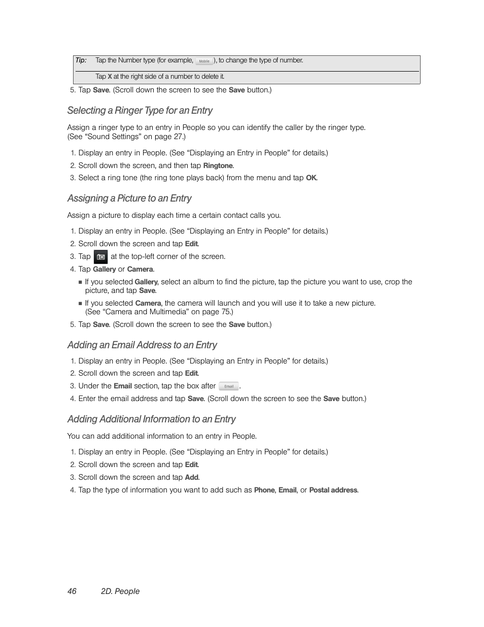 Selecting a ringer type for an entry, Assigning a picture to an entry, Adding an email address to an entry | Adding additional information to an entry | HTC EVO 4G User Manual | Page 56 / 197
