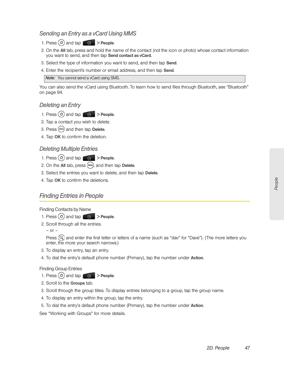 Sending an entry as a vcard using mms, Deleting an entry, Deleting multiple entries | Finding entries in people | HTC EVO 4G User Manual | Page 57 / 197