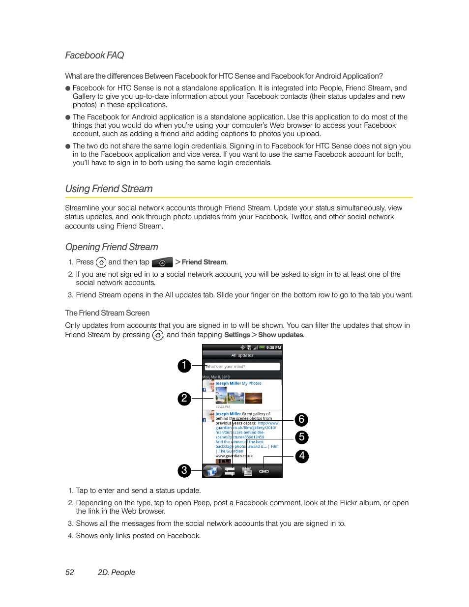 Facebook faq, Using friend stream, Opening friend stream | HTC EVO 4G User Manual | Page 62 / 197