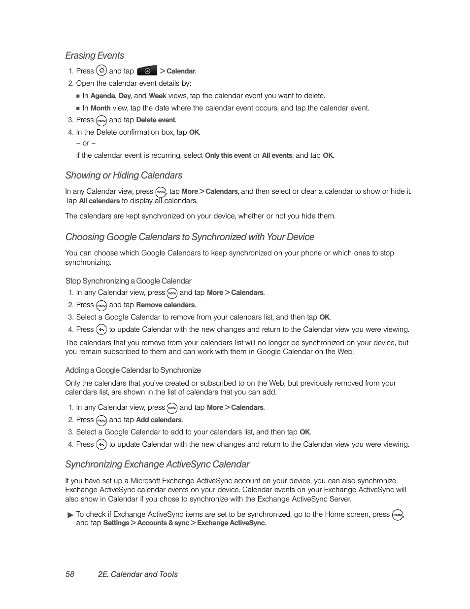 Erasing events, Showing or hiding calendars, Synchronizing exchange activesync calendar | HTC EVO 4G User Manual | Page 68 / 197