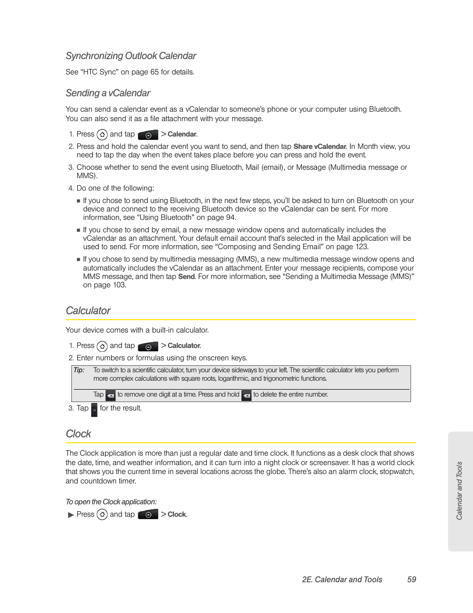 Synchronizing outlook calendar, Sending a vcalendar, Calculator | Clock | HTC EVO 4G User Manual | Page 69 / 197