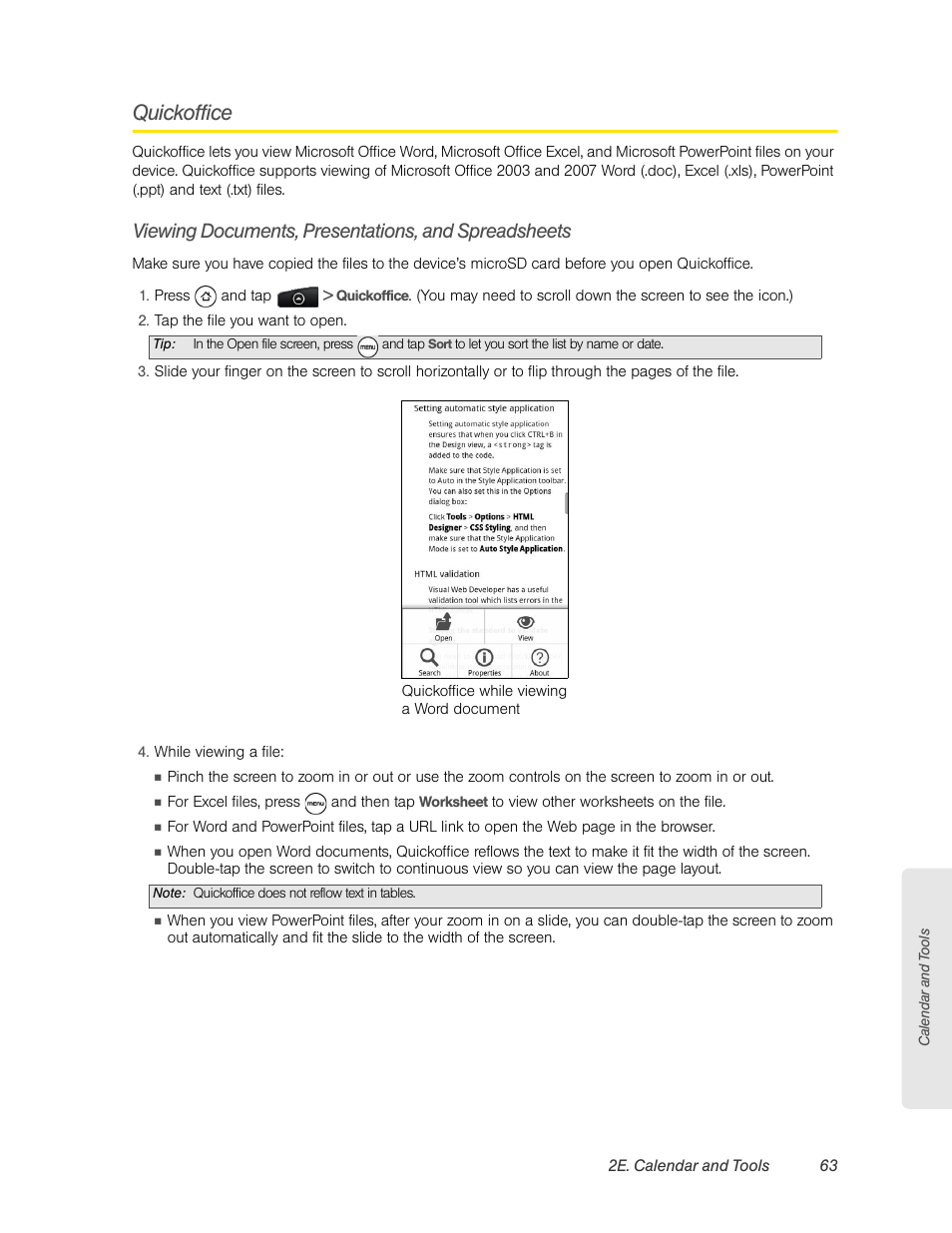 Quickoffice, Viewing documents, presentations, and spreadsheets | HTC EVO 4G User Manual | Page 73 / 197