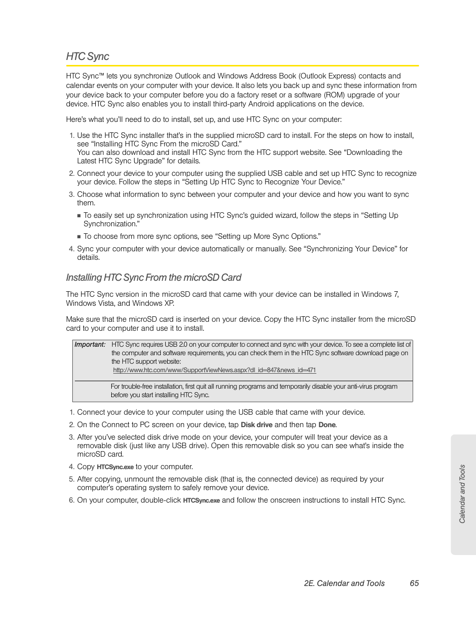 Htc sync, Installing htc sync from the microsd card | HTC EVO 4G User Manual | Page 75 / 197