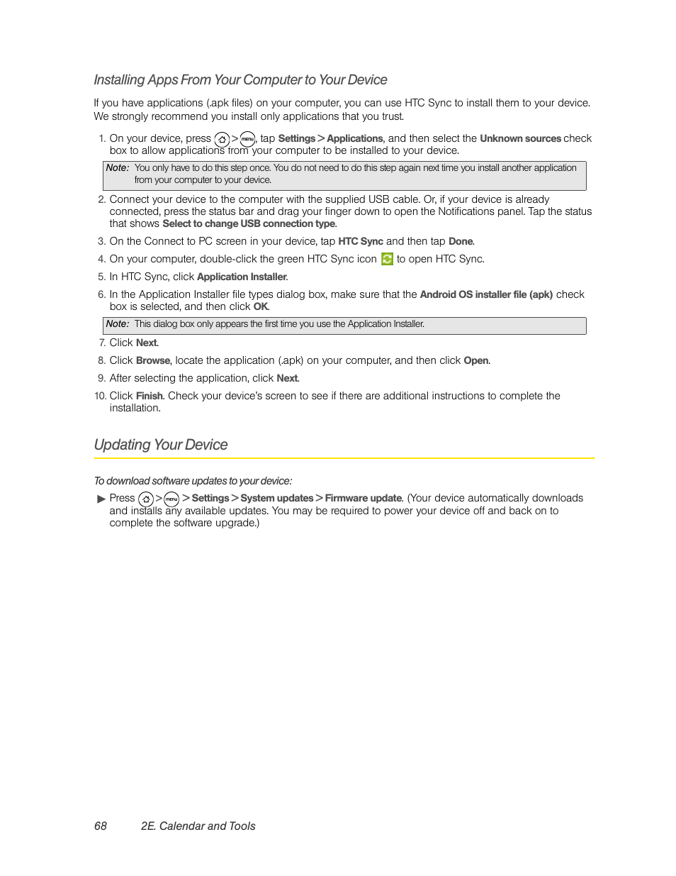 Installing apps from your computer to your device, Updating your device | HTC EVO 4G User Manual | Page 78 / 197