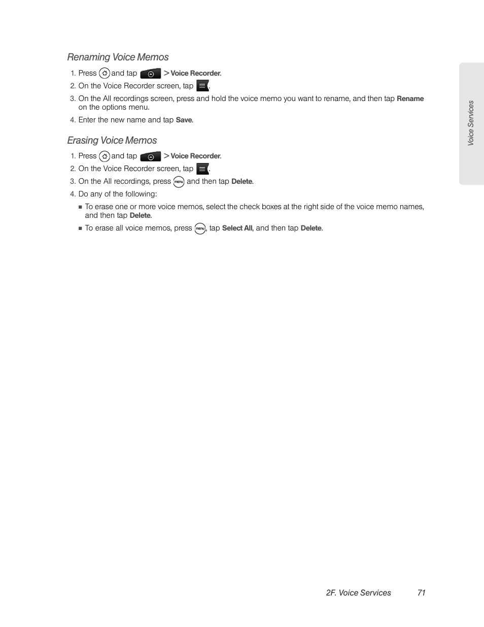 Renaming voice memos, Erasing voice memos | HTC EVO 4G User Manual | Page 81 / 197